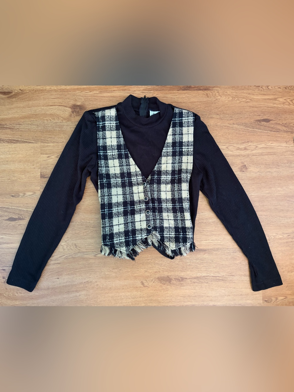Miss Dorby Vintage Black Ribbed Long-Sleeve Top with Plaid Vest Detail